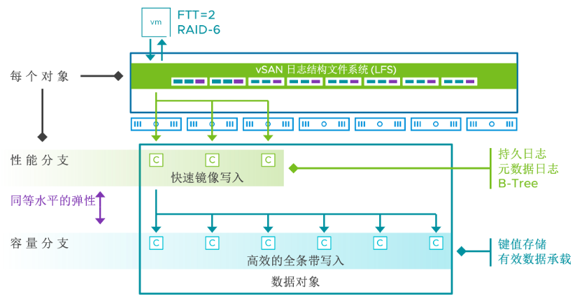 图 4. 使用 vSAN ESA 时 RAID-6 对象的组成